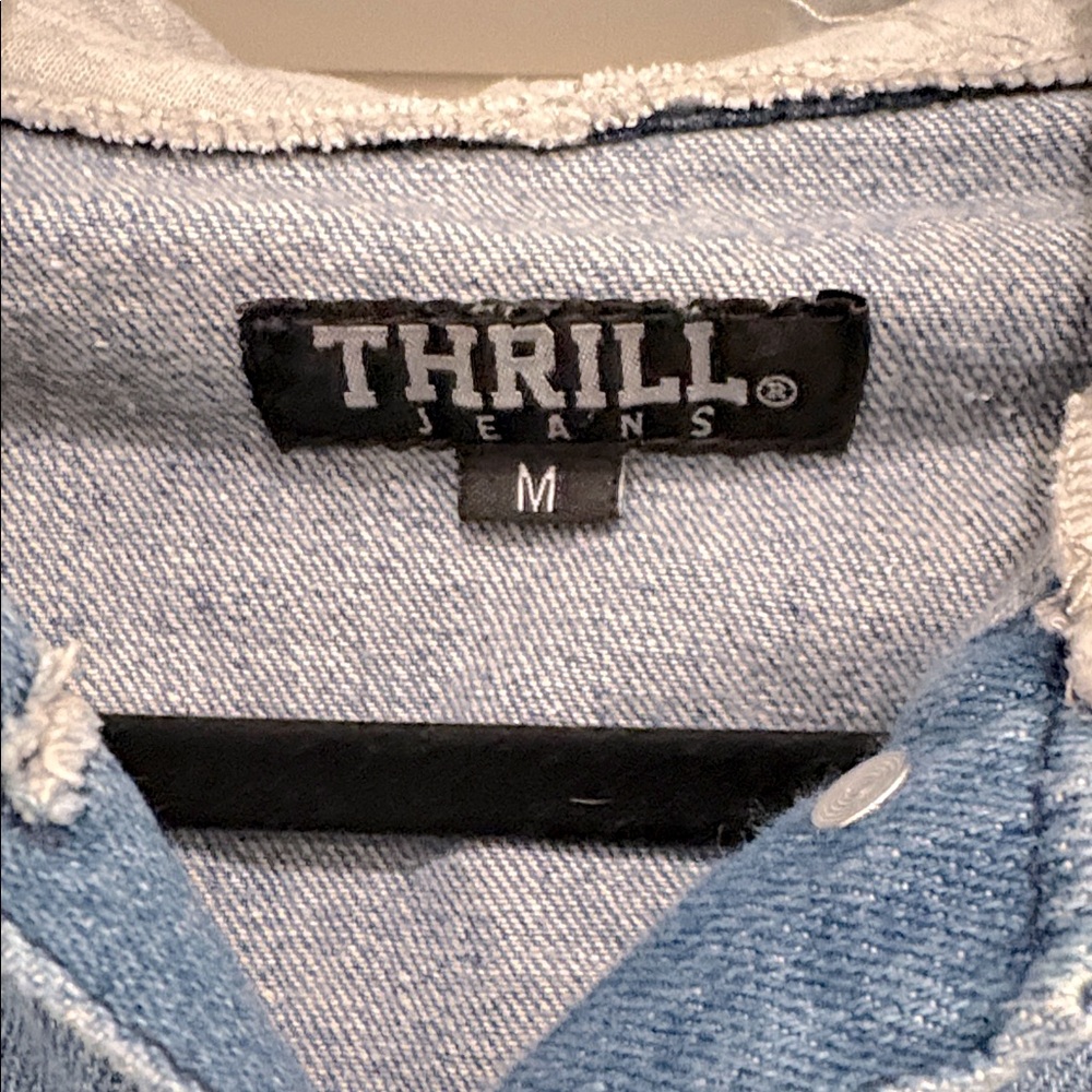 [Thrill Jeans] Distressed Hooded Sweatshirt Button-Up Denim Jacket Women’s Sz M - Picture 11 of 14